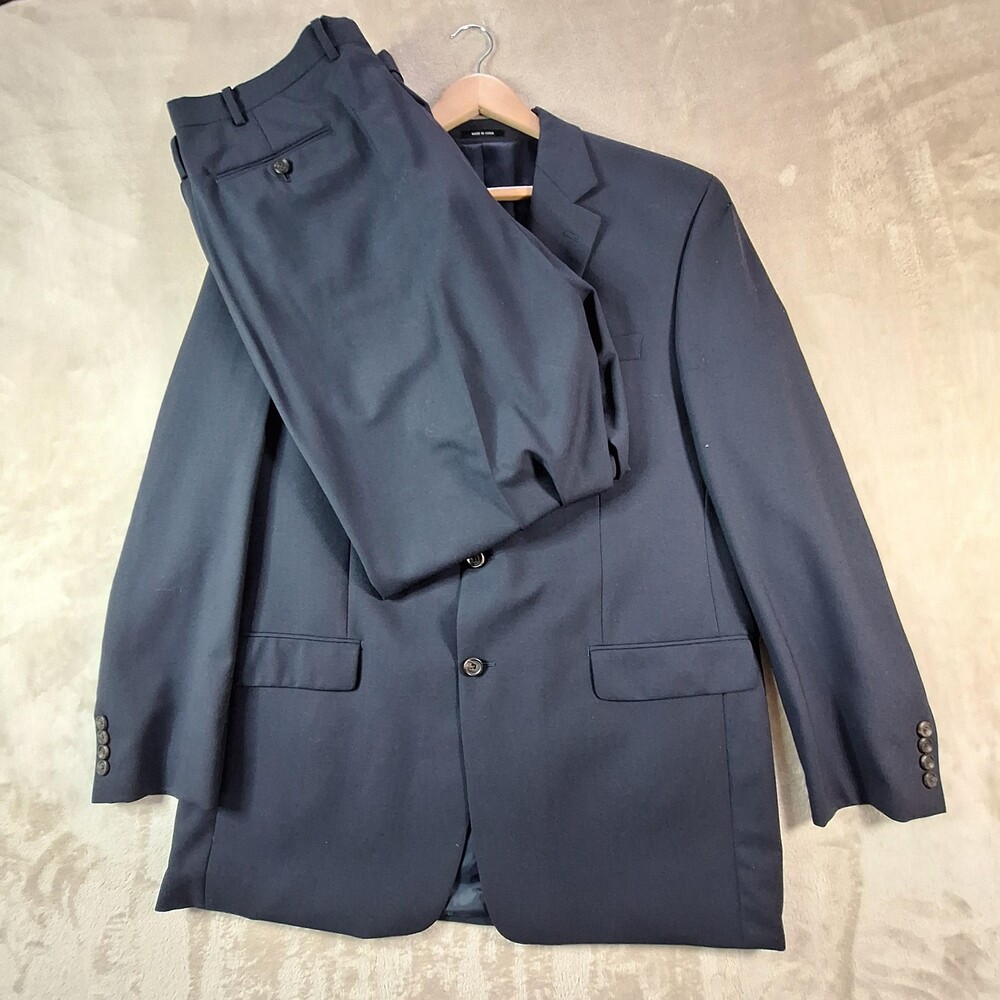 Calvin Klein Suit Mens 44L Jacket 38L Pants Navy Wool Stretch Two Button Pleated
